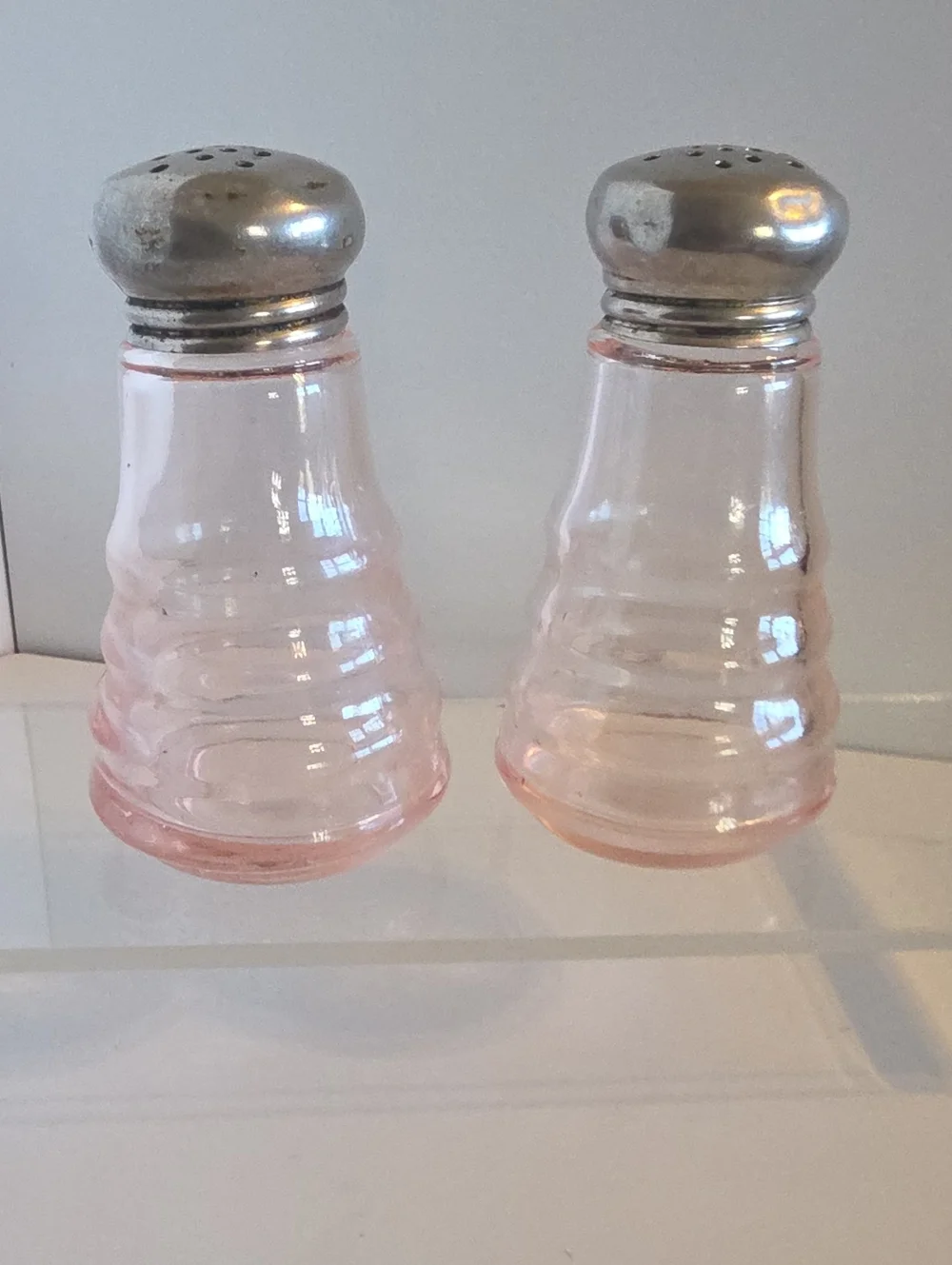 Vintage 1930 Pink Depression Glass Ribbed Salt & Pepper Shakers With Metal Lids